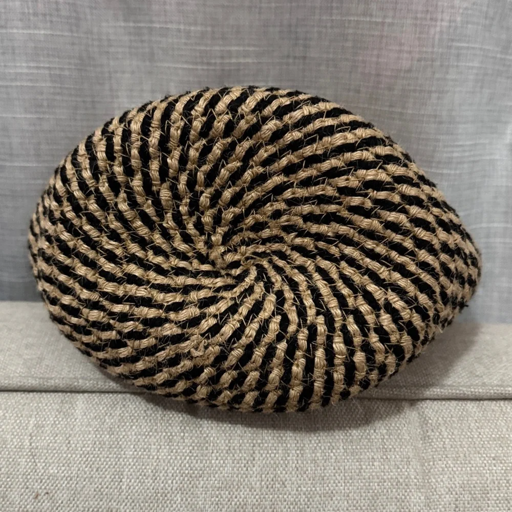 Woven Natural Fiber Coil Style Basket-Brown Faux Leather Hanging Loop-EUC